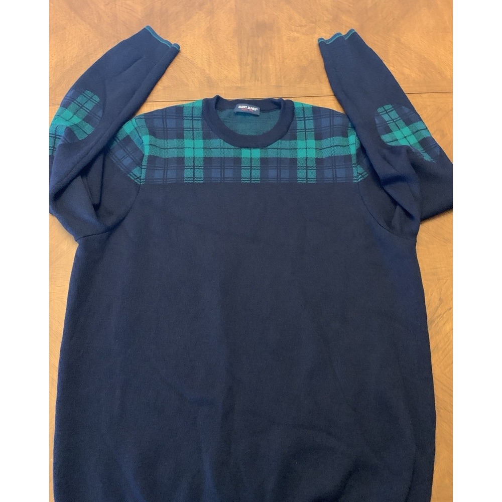 Saint James Sweater‎ New Wool Navy Green Plaid Elbow Patches Men's  Size 48 - Picture 12 of 16